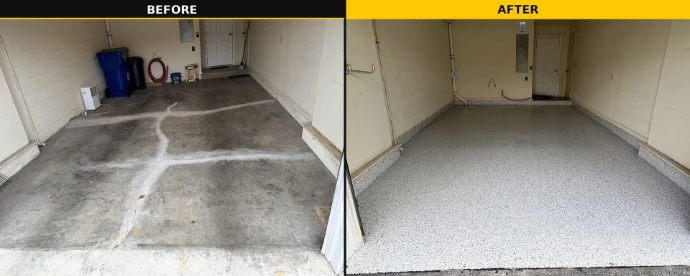 Concrete garage floor prepared for professional epoxy coating installation
