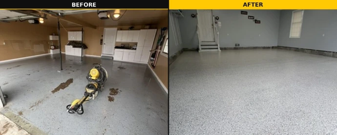 Freshly installed epoxy flooring inside a residential garage
