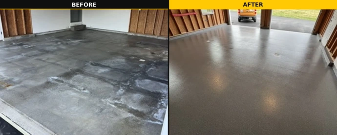 Professional epoxy flooring installation in residential garage